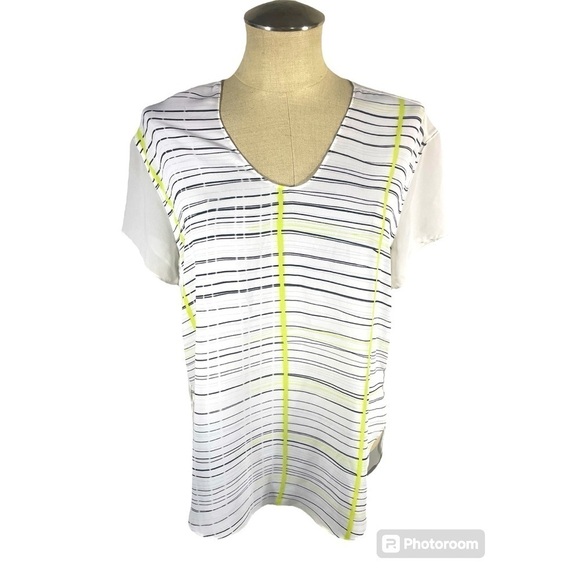 Calvin Klein White Sheer Blouse with Black/Yellow stripes. Oversized Size M - Picture 1 of 4